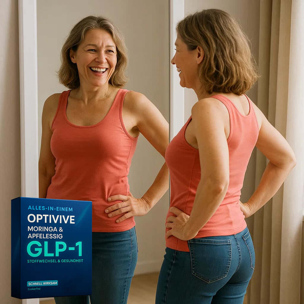 Woman smiling in front of mirror with OptiVive GLP1 slimming product.