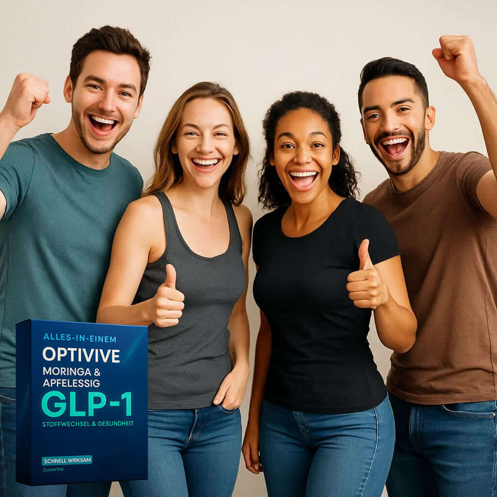 Group of four happy people with OptiVive GLP1 product box promoting metabolism and health benefits.