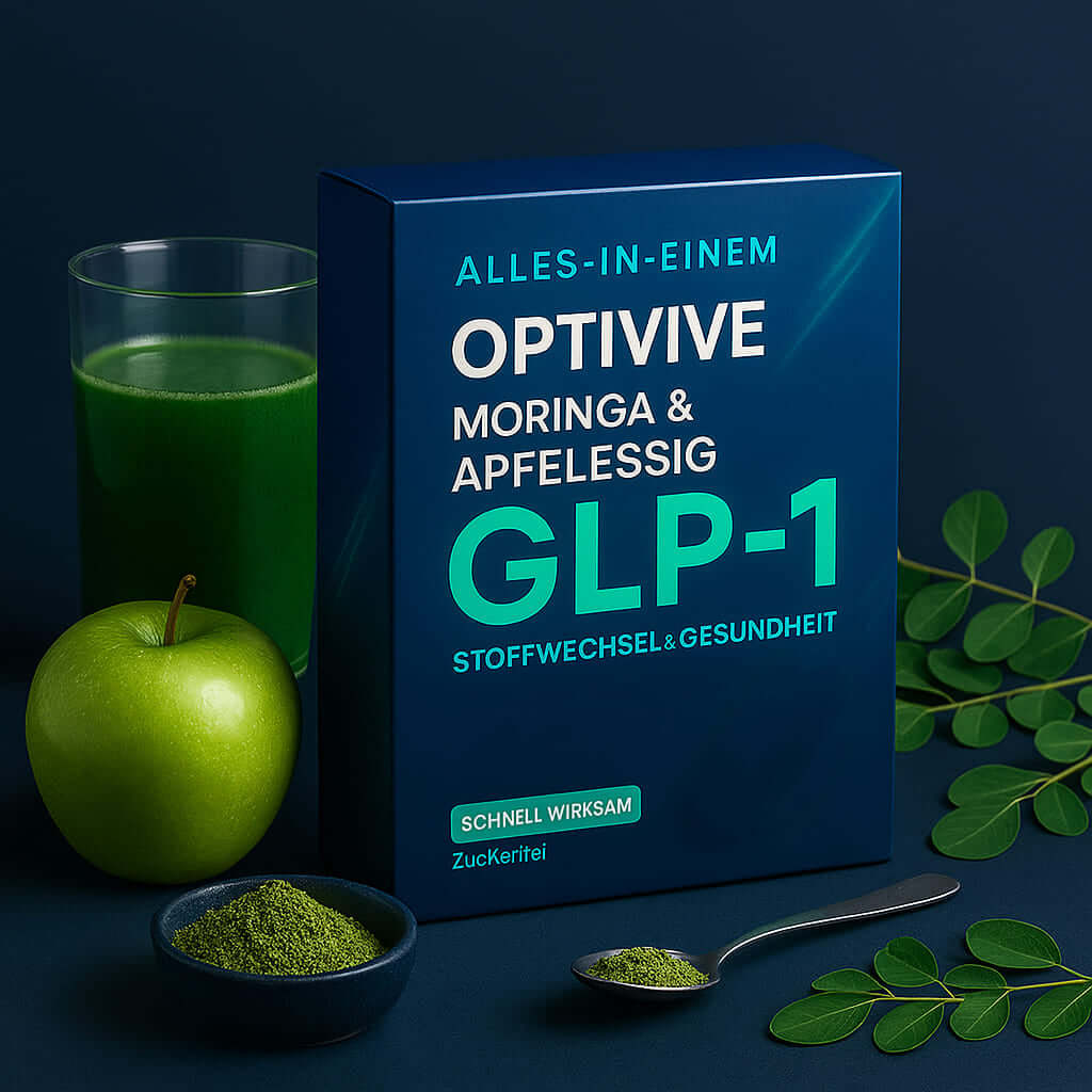 OptiVive GLP-1 Moringa & Apfelessig supplement with green apple and powder, promoting metabolism and health.