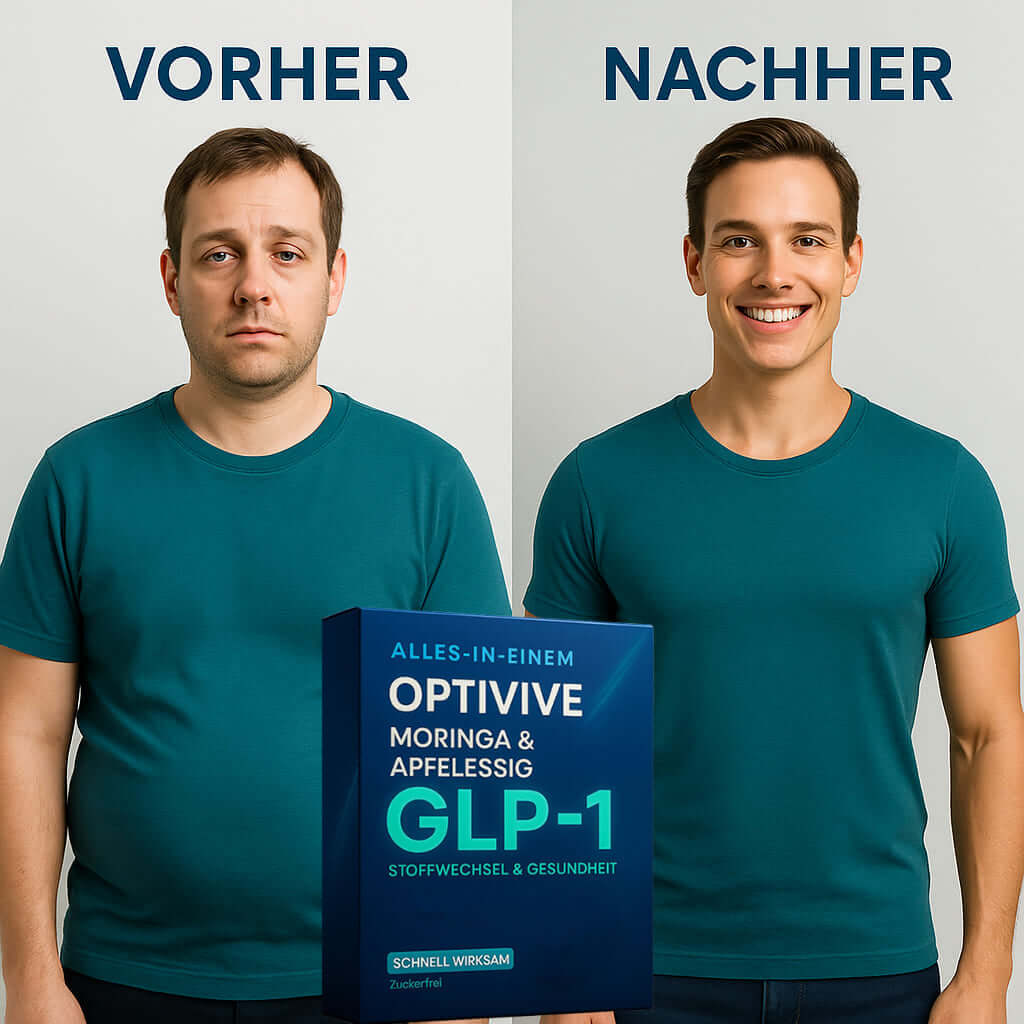 Vorher-Nachher-Bild von OptiVive GLP-1, zeigt Wirkung der Moringa & Apfelessig Perlen auf Stoffwechsel und Gesundheit.