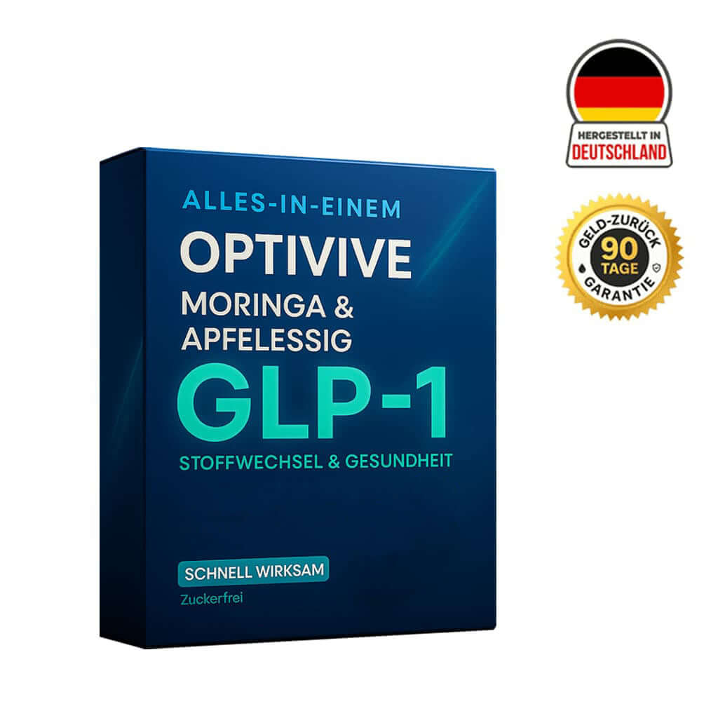 OptiVive GLP1 Moringa & Apfelessig supplement with Germany-made seal, 90-day guarantee.