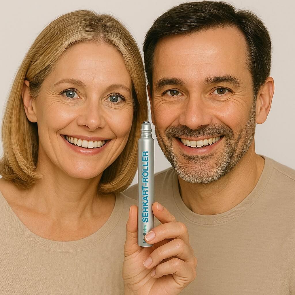 Couple smiling while holding SehKraft-Roller Medivita for natural eye care with plant extracts and oils.