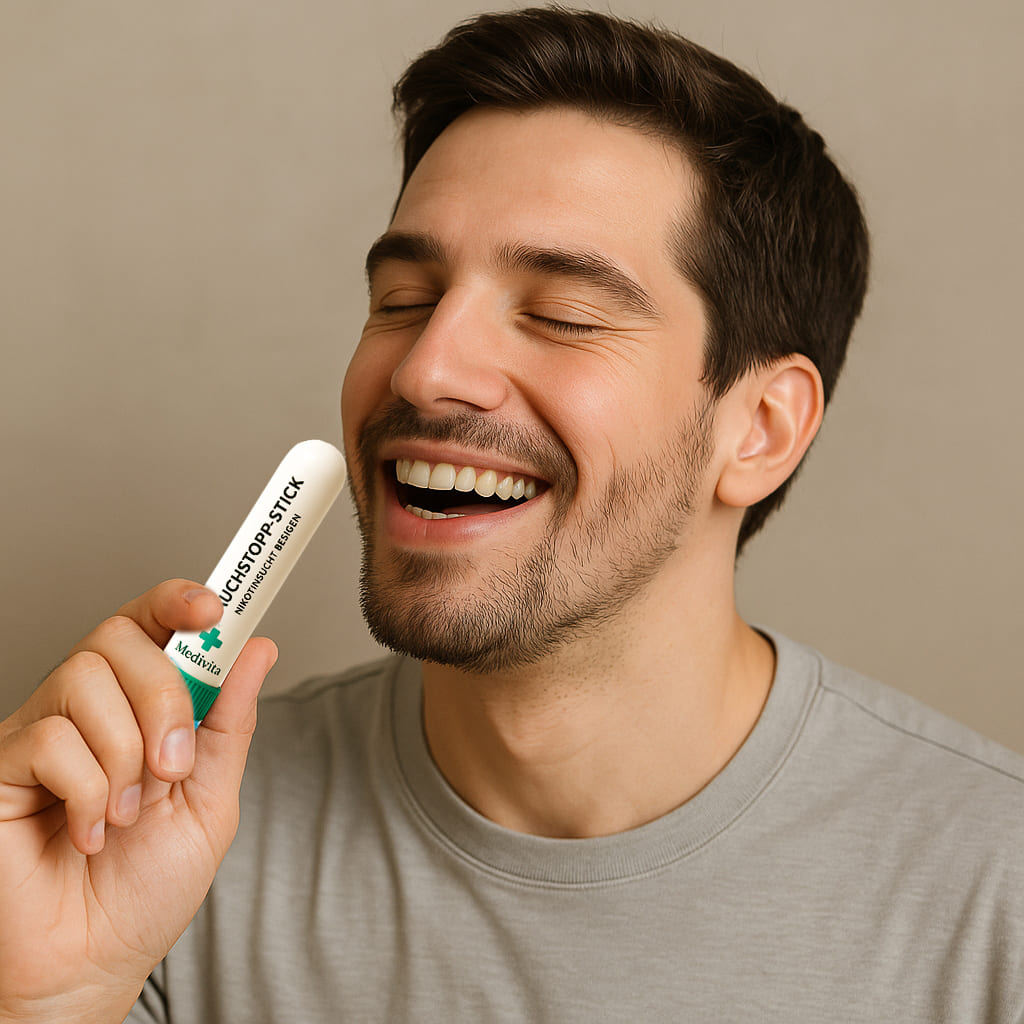 Man smiling while holding Medivita RauchStop Stick for quitting smoking