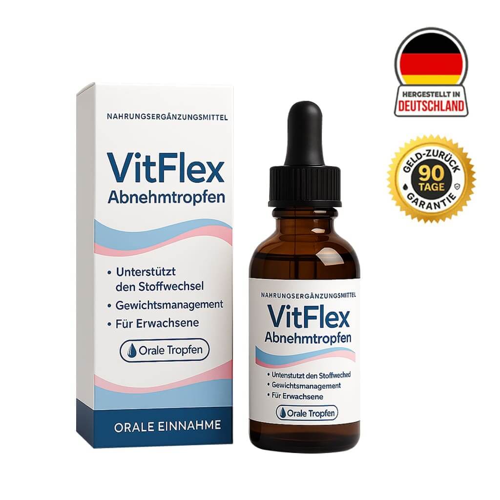 VitFlex Abnehmtropfen bottle and box, natural support for weight management, made in Germany, 90-day money-back guarantee