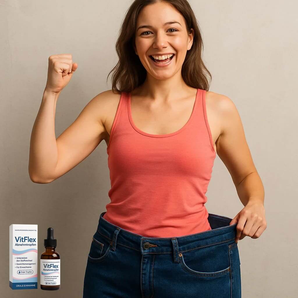 Woman celebrating weight loss holding large jeans with VitFlex Abnehmtropfen bottle and packaging.