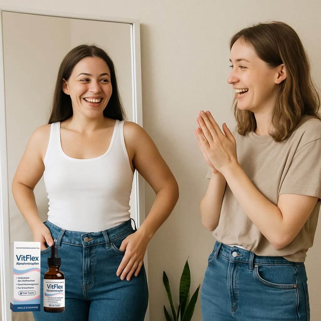 Two women smiling near a mirror holding VitFlex Abnehmtropfen, a natural supplement with green tea extract for balanced well-being.