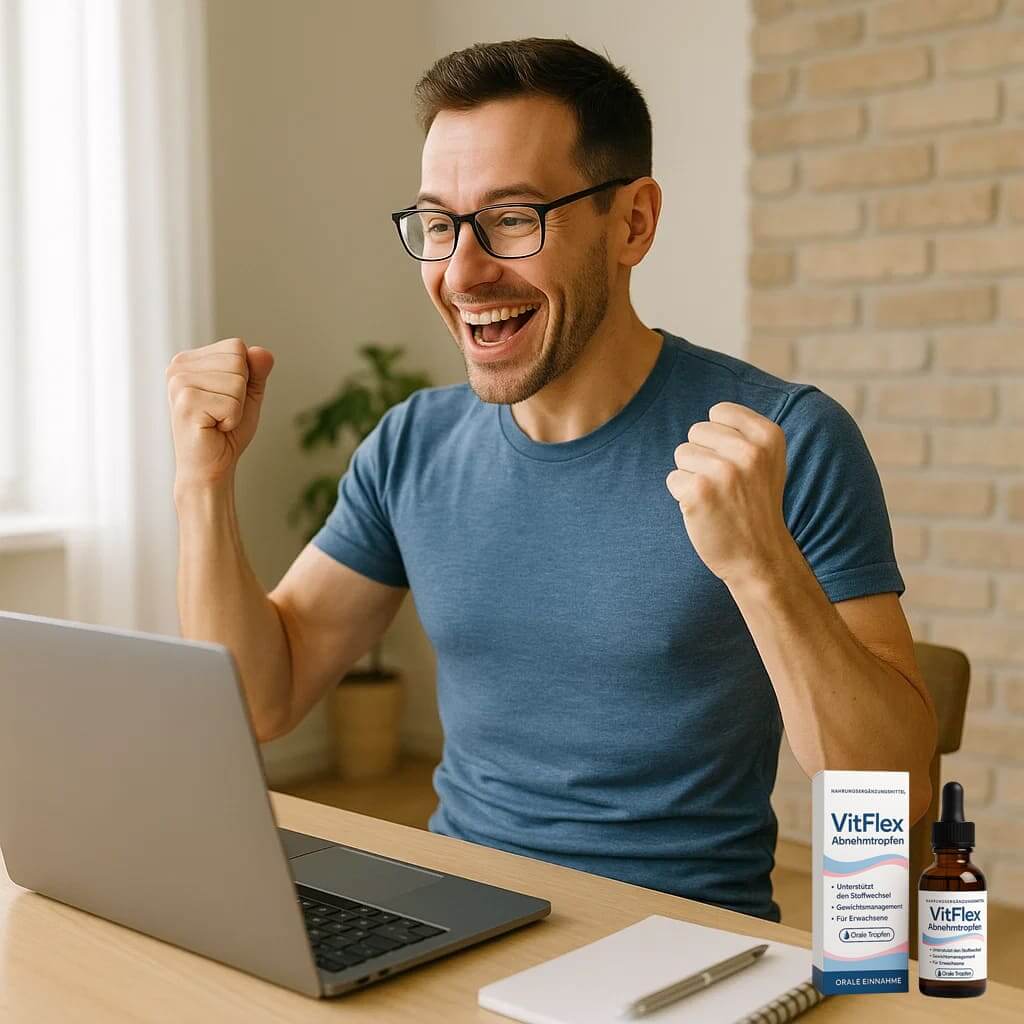 Man celebrating at desk with VitFlex Abnehmtropfen, highlighting natural well-being support. Box and bottle of drops visible.