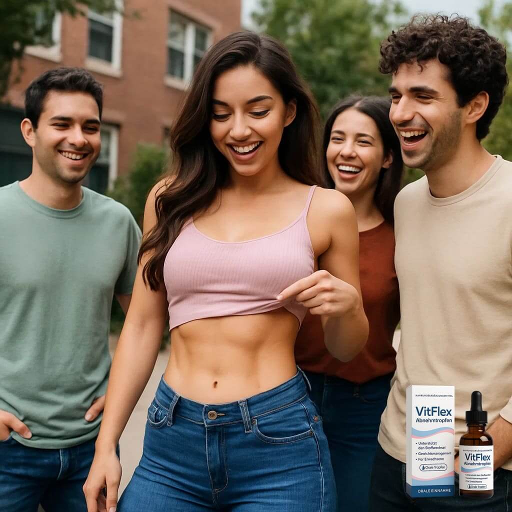 Group of happy people outdoors with VitFlex Abnehmtropfen, showcasing wellness and natural health support.