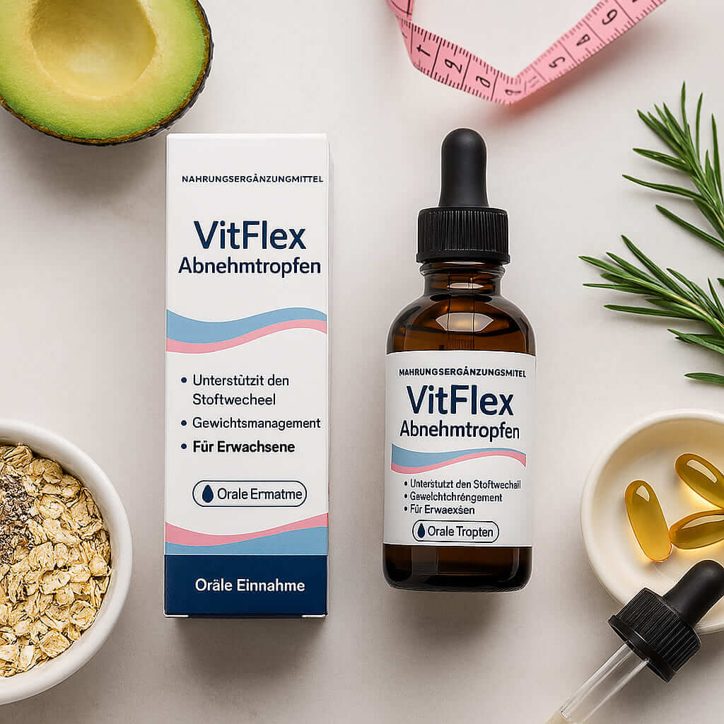 VitFlex Abnehmtropfen bottle and packaging with natural ingredients like avocado and oats for weight management.